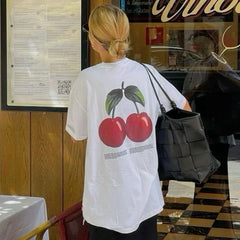 LIZAKOSHT  -  Cherry Fruit Back Print Graphic Tees Vintage Women Cotton Shirt Oversized Cute Retro Streetwear Clothes Grunge Y2k Aesthetic Top