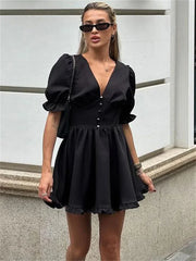 LIZAKOSHT - Summer Black V-Neck Mini Dress For Women Ruffled High Waist Slim Commute Elegant Party Dress Female Solid Bodycon Dress