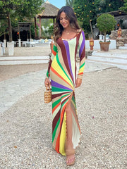 LIZAKOSHT - Women's Dresses Rainbow Outerwear Print Bodycon Maxi Dress Long Sleeve Summer Trendy High Slit Casual Evening Gown Woman Clothes