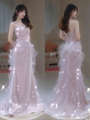 LIZAKOSHT - Pink Shiny Strapless Celebrity Dresses Bead Sleeveless Off Shoulder Tulle Elegant Light Luxury Mermaid Toast Prom Evening Gowns