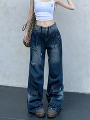LIZAKOSHT  -  Trashy Y2K Streetwear Multi Pockets Baggy New Jeans Cargo Pants Women Clothes Wide Leg Loose Straight Lady Denim Trousers