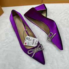 LIZAKOSHT - Chunky High Heels Women Shoes Autumn New Luxury Rhinestones Bowknot Pointed Toe Bling Crystals Elegant Ladies Pumps