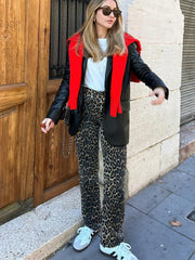 LIZAKOSHT - Fashion Leopard Print Long Pants For Women 2024 Spring Slim Single Button Pencil Trousers Female Chic High Waist Ladies Pants