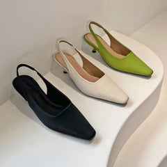 LIZAKOSHT - Silk Pumps Women Low Heel Square Head Elegant High Heels Comfy Office Women Mueller Shoes 2024 Summer Slingback Sandals Female