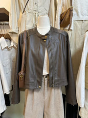 LIZAKOSHT - Autumn New Korean Version Loose Round Neck Retro Commuting Casual Versatile Jacket Leather Jacket for Women