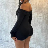 LIZAKOSHT - Off Shoulder Long-sleeved Solid Ruched Bodycon Romper Fashion Autumn Women Skinny Slash Neck One Piece Onesies Clubwear Outfits
