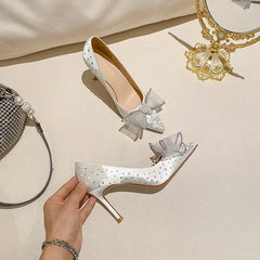 LIZAKOSHT - Rhinestone Bow Tip Genuine Leather Crystal Transparent High Heels Single Shoe Women's Summer Slim Heels French Style