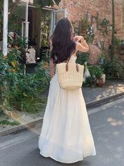 LIZAKOSHT - Summer Apricot V Neck Elegant Backless Sexy Club Pleated Vest Long Dress Women High Waist Vacation Slim Evening Party Dress Robe