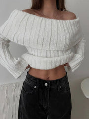 Lizakosht Rib Knit Off Shoulder Pullover For Women Fashion Long Sleeved White Warm Knitwear Sweater Autumn Chic Female Street Jumper