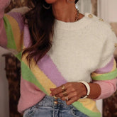 LIZAKOSHT - Women Casual Knitted Sweaters Elegant Shoulder Buckles Striped Patchwork Fashion Pullovers Fall Winter All Match Chic New Tops