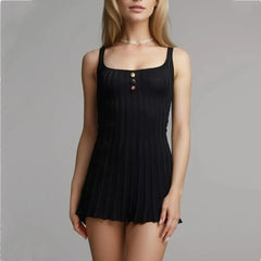 LIZAKOSHT - 4 COLORS Sexy U collar Sleeveless Rib Knitting Dress Women Skinny Slim Fit Hem Pleated A-lined Short Tank Robe Pink Yellow Black