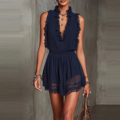 LIZAKOSHT - Sexy Lace Trim V-neck Vacation Mini Dress Casual Sleeveless Elastic Waist Solid Short Dress Elegant Ruffle Women's Party Dresses