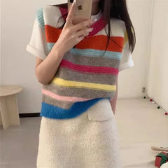 LIZAKOSHT - Women Knit Sweater Vests 2025 New Colorful Stripes Sleeveless O-neck Tops Knitwear Fashion Loose Casual Ladies Chic Jumpers