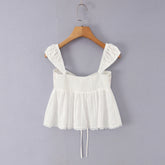 LIZAKOSHT - Sexy White Spliced Floral Print Elastic Strap Tank Top Women Hook Buttons Lacing Up Bow Front Elastic Back Crop Vest Beach