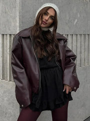 LIZAKOSHT  -  Red Lapel Leather Cropped Jackets Women Zipper Long Sleeve Coat 2025 New Fashion Retro Autumn Vacation High Street Outerwears