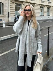 LIZAKOSHT - Elegant Solid Scarf Collar Knitted Cardigan Women Chic Full Sleeve With Pocket Loose Sweater New Autumn Lady Casual Street Wear