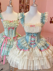LIZAKOSHT - Girls Ballet Lolita Princess Dresses Women High Waist Slim-Fit Bow Lace Birthday Party Evening Dress 2024 Summer Dress Y2k Jsk