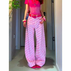 LIZAKOSHT - Fashion Spicy Girl Dopamine Pink Letter-printed Trendy Straight-leg Jeans for Women New Niche Loose Slimming and Wide-leg Style