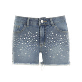 LIZAKOSHT - Rhinestone Detail Fashion Frayed Jeans Shorts Y2K Vintage Blue Summer Casual Stylish Women Denim Shorts Streetwear