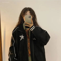 LIZAKOSHT - Jackets For Women Star Letter Embroidery Stand Neck Thick Warm Chaqueta Retro Harajuku Street Fashion Veste Femme