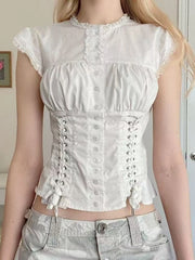 LIZAKOSHT - Casual Sweet White Slim Lace T-Shirts Designer Patchwork Hot Girl O-neck Sleeveless Tees Women Vintage Kawaii Fashion Shirt