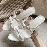 LIZAKOSHT - Fashion Women Pink Bow Knot High Heel Mules Open Toe Patent Leather Slip On Sandals Thin Heel Summer Party Dress Shoes
