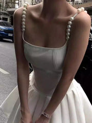 LIZAKOSHT - Elegant White Pearl Spaghetti Strap Mini Dress Asymmetrical Pleated Birthday Dress For Women Summer Fashion Ladies Dresses