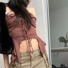 LIZAKOSHT  -  Korean Style Design Sense Hanging Neck Y2k Tank Chest Drawstring Lace Vest Women's Autumn and Winter Irregular Bottoming Tops