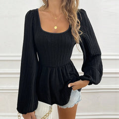 LIZAKOSHT - Women's Sexy Square Neck Waist Cinch Top with Twist Texture Long Sleeve Top