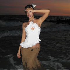 LIZAKOSHT - Fashion Elegant 2-Piece Set Women Cross Halter Hollow Ruffles Irregular Hem Vests+Folds Mesh Long Skirt Vacation Matching Suits