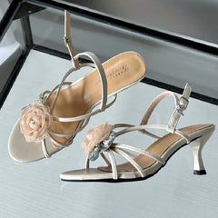 LIZAKOSHT - Floral Narrow Strap Designer Branded Sandals for Ladies Summer Open Toe Low Heeled Pumps Elegant Party Dress Buckle High Heels