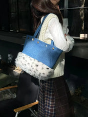LIZAKOSHT - New Nail Blue Denim Rabbit Fur Splicing Tote Bag Large Capacity Versatile Single Shoulder Handbag Commuting Bags