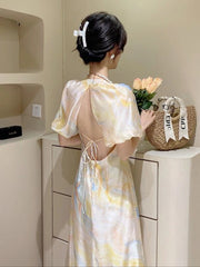 LIZAKOSHT - New Korea Sexy Sweet Backless Dresses For Women Vestidos De Mujer Puff Sleeves Summer Robe Femme Fashion Temperament Dress