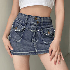 LIZAKOSHT High Street Vintage Pocket Diamonds Mini Denim Skirt Women High Waist Slim A-Line Short Skirt q659