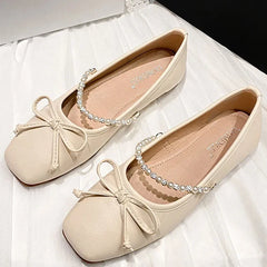 LIZAKOSHT  -  Woman Fashion Square Toe Brown Kawaii Ballerina Flats Female Rhinestone Pearl Strap Bowknot Mary Jane Cute Shoes Big Size 33-43