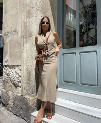 LIZAKOSHT  -  Women Skirt Suits Solid Turn-down Collar Sleeveless Single Breasted Vest Waistcoats + Female Skirt 2 Piece Suits Sets