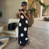 LIZAKOSHT - Retro Large Polka Dots Sleeveless Dress Women Chic Round Neck Off-shoulder Slim Midi Dresses Lady Holiday Street Vestidos