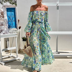 LIZAKOSHT - Elegant Flare Sleeve Female Dress Lady One Shoulder Lace-up Chiffon Vocation Dress Bohemian Elegant Draped Pleat Maxi Dress