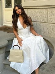 LIZAKOSHT - Sexy Deep V-neck Women Halter Midi Dress Fashion White Sleeveless Backless Pleated A-line Dresses Summer Lady Party A-line Robes