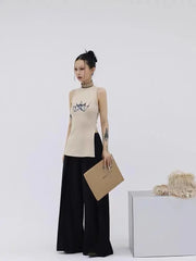 LIZAKOSHT - Waistcoat Irregular Sleeveless Slit Printing Round Collar Tops Aesthetics Y2k Vintage Design Tanktop Korean Fashion