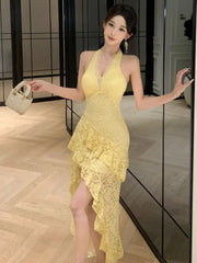 LIZAKOSHT - Dresses Women Elegant Sleeveless Lace Patchwork Irregular Slim Halter Backless Sexy Party Dress Sweet Clubwear Female