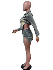 LIZAKOSHT - Summer Blue Long Sleeve Denim 2 Two Piece Short Skirt Set Sexy Party For Women Elegant Crop Bodycon Mini Skirt Set