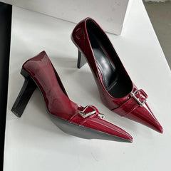 LIZAKOSHT - Patent Leather Sexy High Heels Women Metal Buckle Pointed Designer Pumps Female Fall Fashions Elegant Office Women Shoes