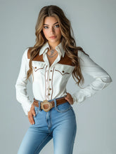 LIZAKOSHT - Women's Long Sleeve Blouse Single Breasted Lapel Brown PU Faux Leather Patchwork Casual Shirt Fashionable Ladies Top 2025 Spring