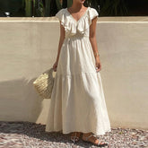 LIZAKOSHT - Fashion Double V-neck Solid Color Dress Elegant High Waist Hollow Out Party Dress Summer New Bohemian Style Beach Vacation Dress