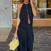 LIZAKOSHT - Summer Solid Color Fit Commute Lady Dress Fashion Sleeveless Hollow Out Maxi Dress Elegant High Waist Backless Pleat Party Dress