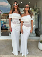 LIZAKOSHT  -  Elegant Sexy Long Dress Women Off Shoulder Hollow Out Sleeveless Patchwork Mesh Robe Female 2025 Spring Summer Chic Solid Robe