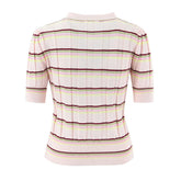 LIZAKOSHT - Women Pink Stripes Open Buttons Polo Collar Rib Knitted Short Sleeve Sweater Pullovers Knitwear All Match Knitting Tops Jumper