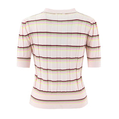 LIZAKOSHT - Women Pink Stripes Open Buttons Polo Collar Rib Knitted Short Sleeve Sweater Pullovers Knitwear All Match Knitting Tops Jumper