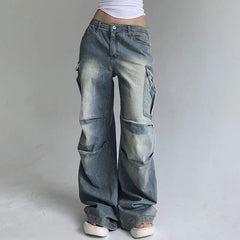 LIZAKOSHT  -  Cargo Pants Multiple Pockets Low Waist Baggy Wide Leg Women Casual Oversized Straight Jeans Streetwear Trousers